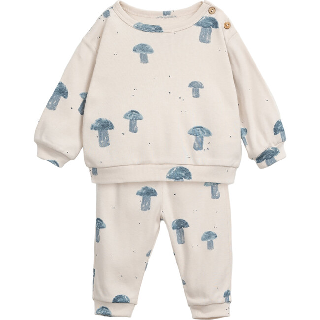 Mushroom Print Long Sleeve Sweatshirt And Slip-On Sweatpants Lounge Set, Grey