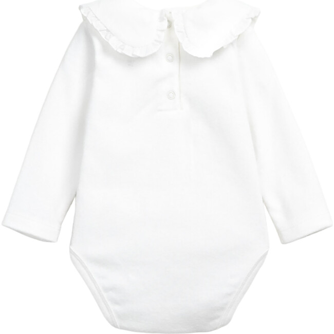 Organic Cotton Ruffle Edge Collar Long Sleeve Back Button Snap Onesie, White - Onesies - 2