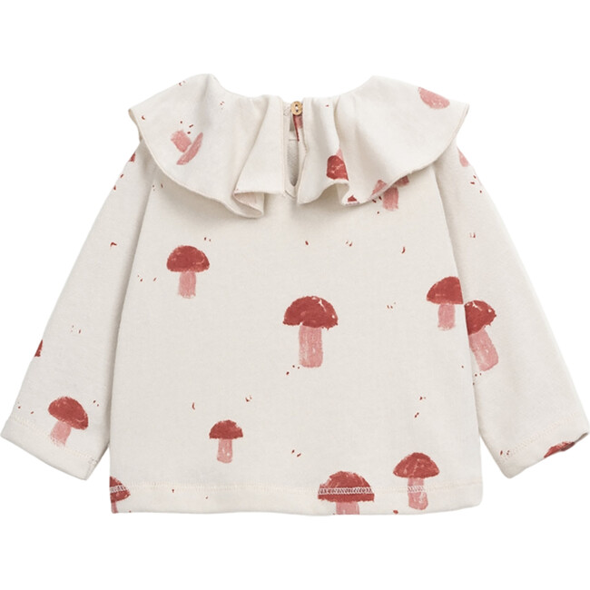 Mushroom Print Round Ruffle Collar Long Sleeve Back Button T-Shirt, Cream - T-Shirts - 2