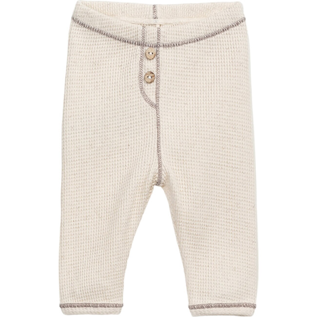 Jersey Waffle Knit Elastic Waistband 2-Front Button Leggings, Cream - Leggings - 1