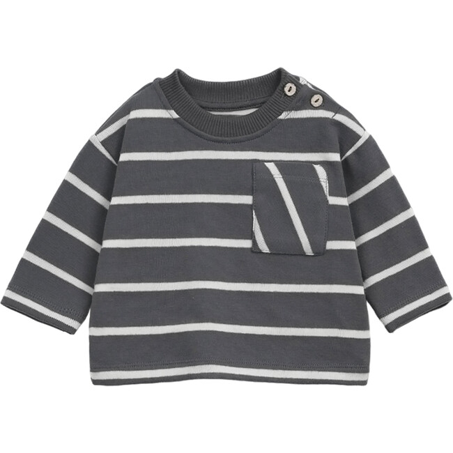 Jersey Striped Crew Neck Long Sleeve 2-Button Shoulder T-Shirt, Grey - T-Shirts - 1