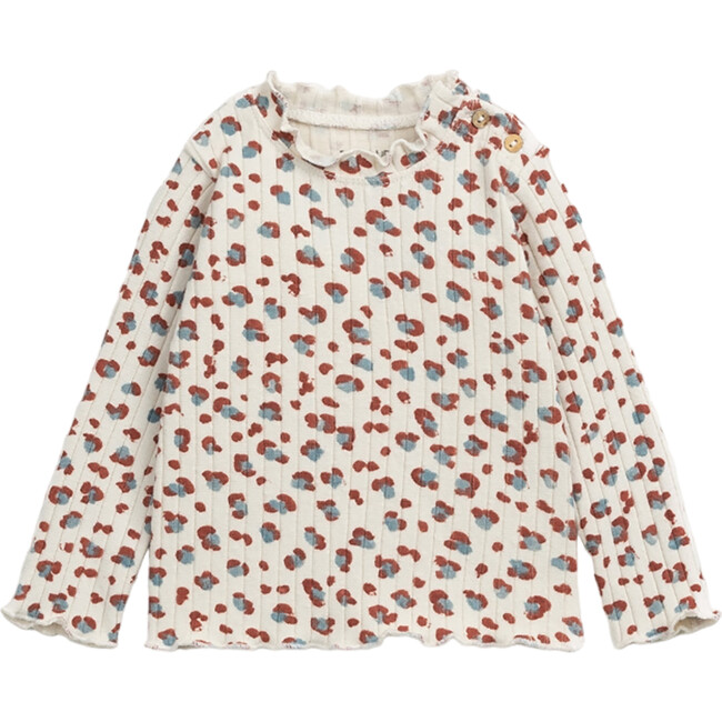 Floral Spot Print Ruffle Collar Long Sleeve 2-Button Shoulder T-Shirt, Multicolors