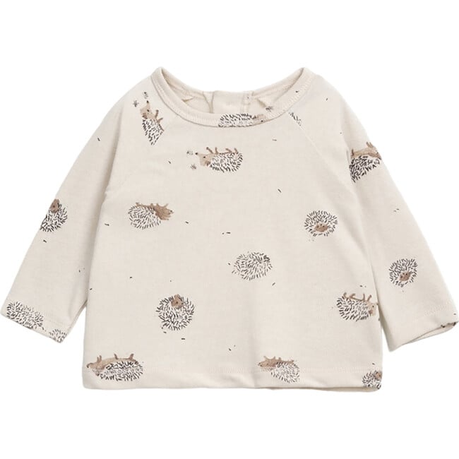 Hedgehog Print Crew Neck Long Sleeve Back Button T-Shirt, Cream