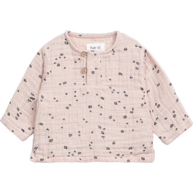 Floral Print Henley Neck Long Sleeve 2-Front Button T-Shirt, Baby Pink