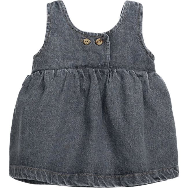 Denim Woven Round Neck Front Coconut Button Overall Dress, Charcoal