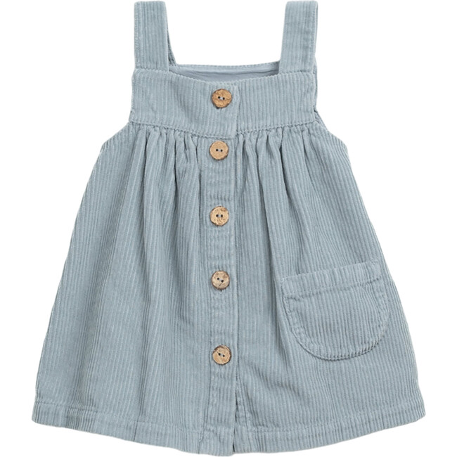 Corduroy Square Neck Strap Shoulder Coconut Button-Down Pocket Dress, Blue