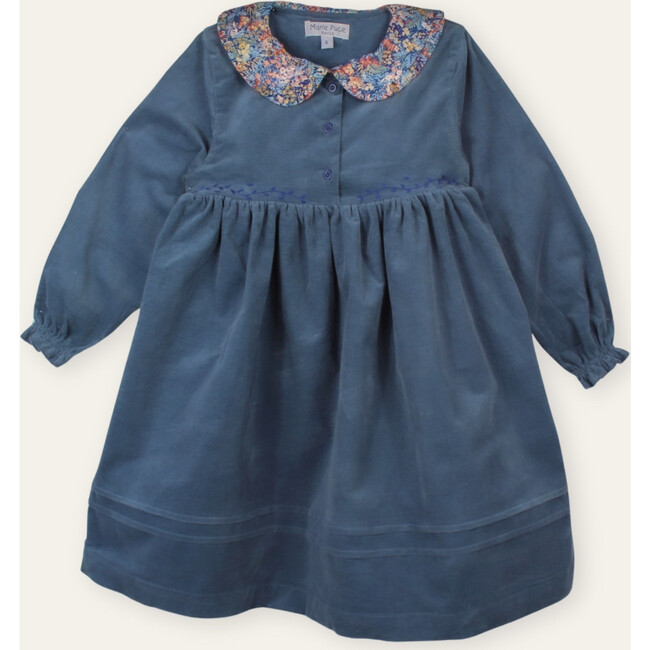 Pauline Hand-Embroidered Dress, in Needlecord with Collar in Liberty Print, Blue