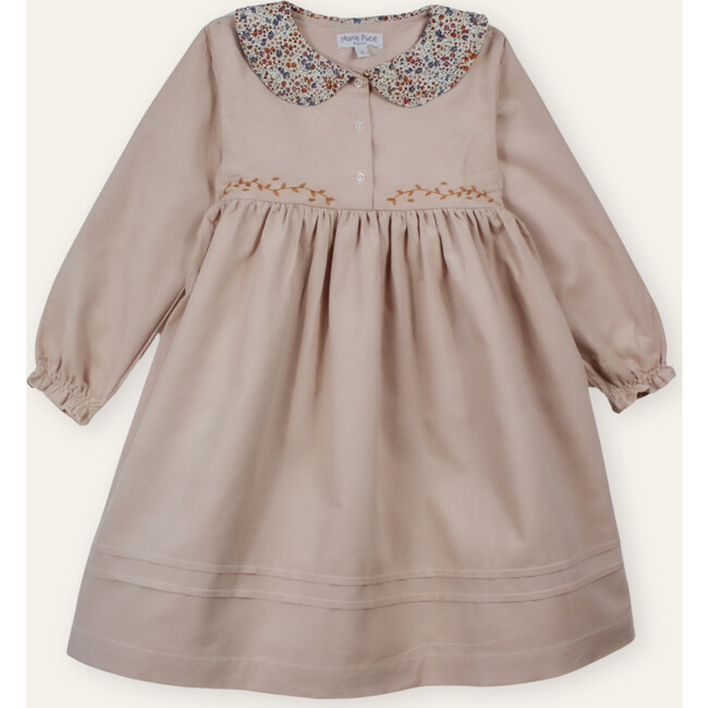 Pauline Hand-Embroidered Dress, in Needlecord with Collar in Liberty Print, Beige