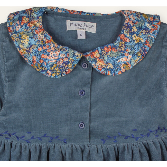 Pauline Hand-Embroidered Dress, in Needlecord with Collar in Liberty Print, Blue - Dresses - 2