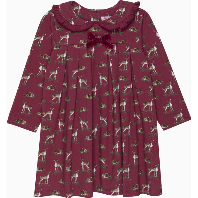 Little Deer Print Petal Collar Velvet Bow Jersey Dress, Berry