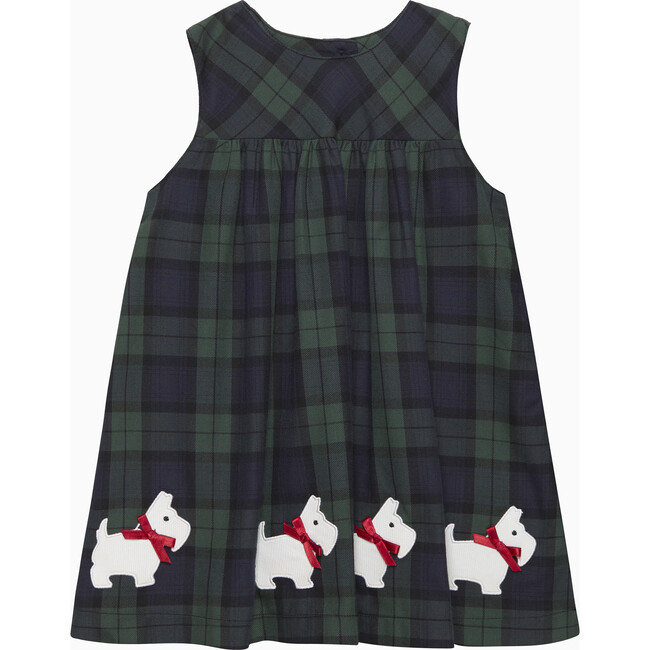 Little Scottie Tartan Print Velvet Bow Pinafore Dress, Navy