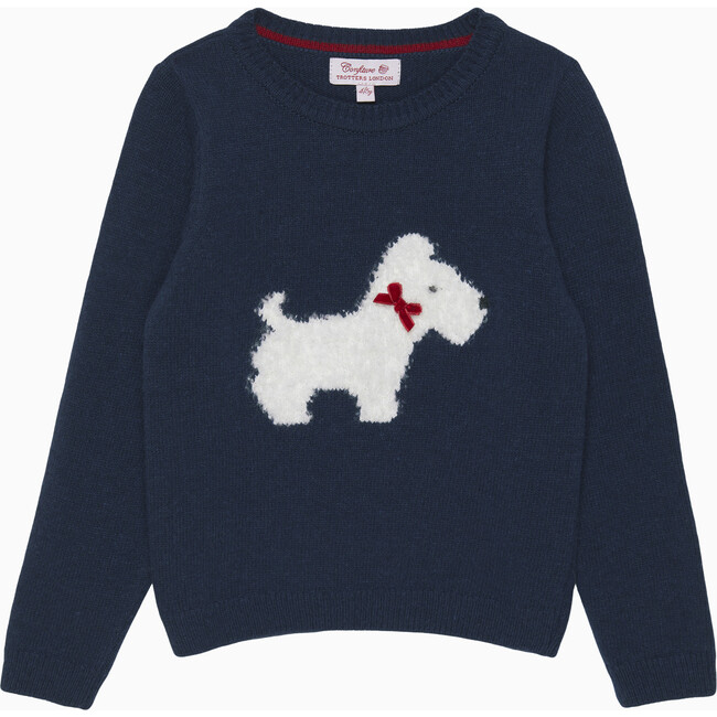 Scottie Intarsia Print Velvet Bow Collar Boucle Sweater, Navy