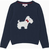 Scottie Intarsia Print Velvet Bow Collar Boucle Sweater, Navy - Sweaters - 1 - thumbnail