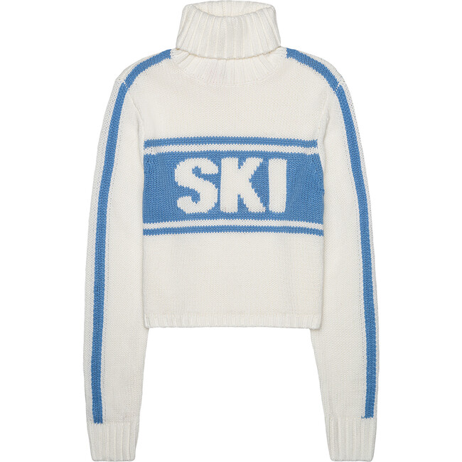 Womens Retro Ski Cropped Turtleneck, Ivory and Blue