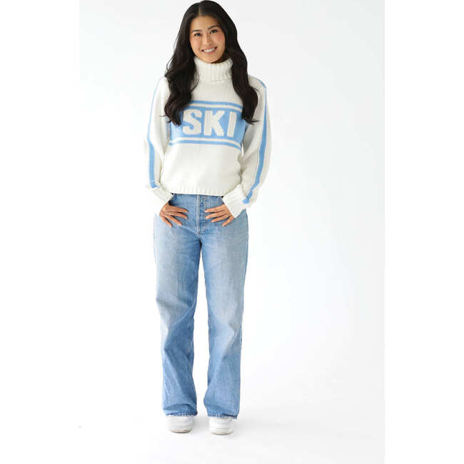 Womens Retro Ski Cropped Turtleneck, Ivory and Blue - Sweaters - 2