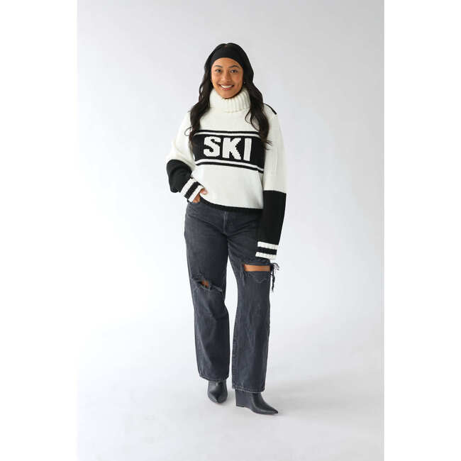 Womens Vintage Ski Cropped Turtleneck, Ivory and Black - Sweaters - 3