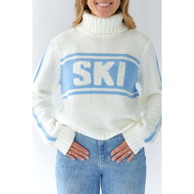 Womens Retro Ski Cropped Turtleneck, Ivory and Blue - Sweaters - 3