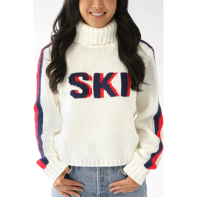 Women's Retro Ski Knit Cropped Turtleneck Sweater, Ivory - Sweaters - 3