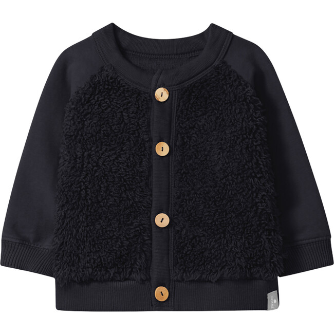 Sweatshirt Cardigan with Fuzzy Front, Navy