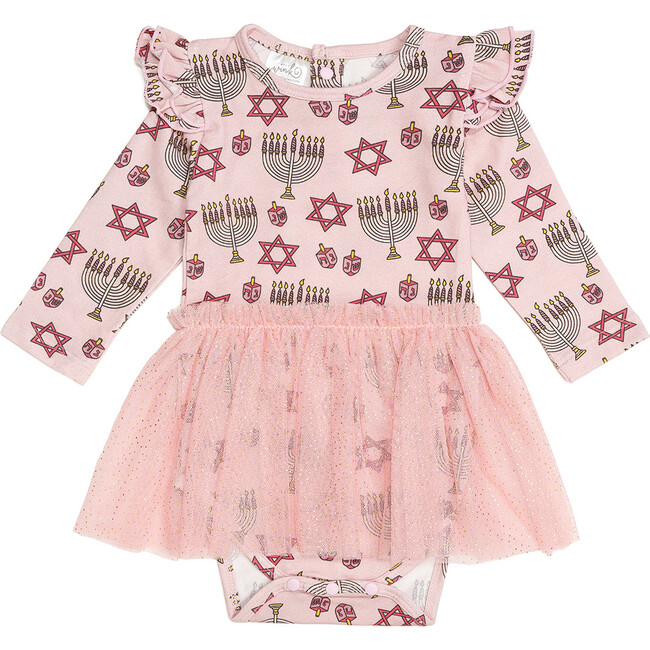 Hanukkah Long Sleeve Tutu Bodysuit, Pink - Onesies - 1