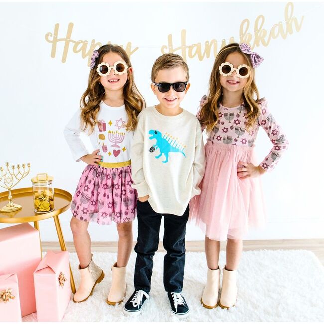 Hanukkah Long Sleeve Tutu Dress, Blush - Dresses - 6