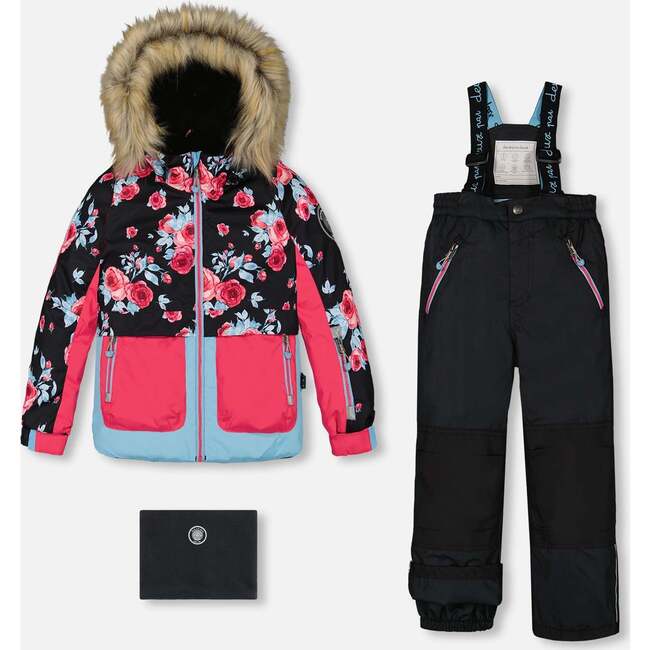 Roses Print Detachable Hood 2-Piece Snowsuit, Black