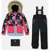 Roses Print Detachable Hood 2-Piece Snowsuit, Black - Snowsuits - 1 - thumbnail