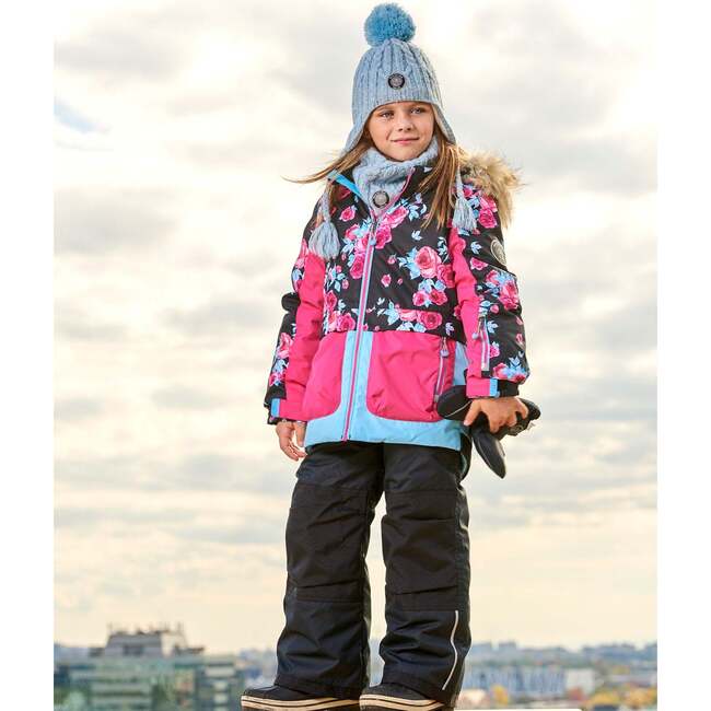 Roses Print Detachable Hood 2-Piece Snowsuit, Black - Snowsuits - 3