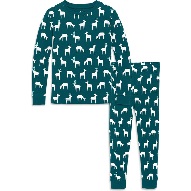 Kids Organic PJ Set in Holiday Prints, Forest Reindeer