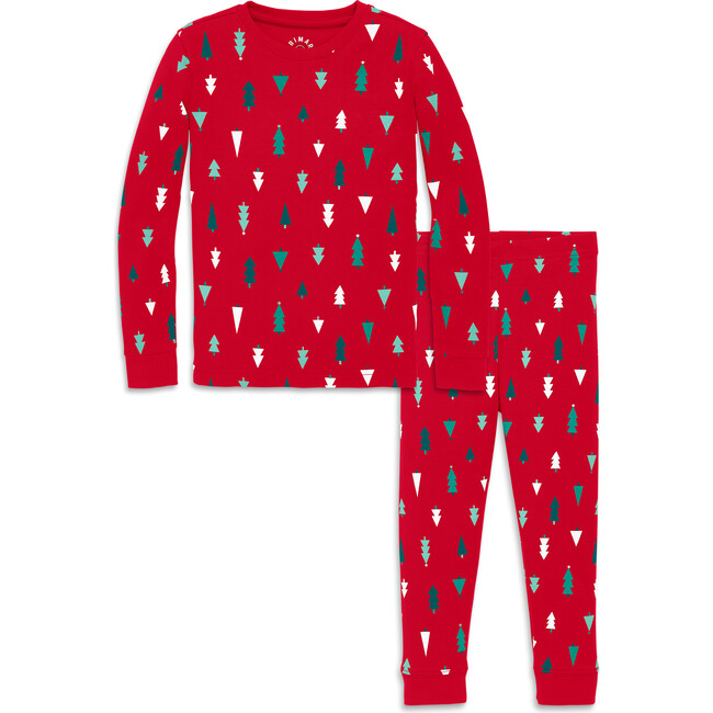 Kids Organic PJ Set in Holiday Prints, Cherry Multi Trees