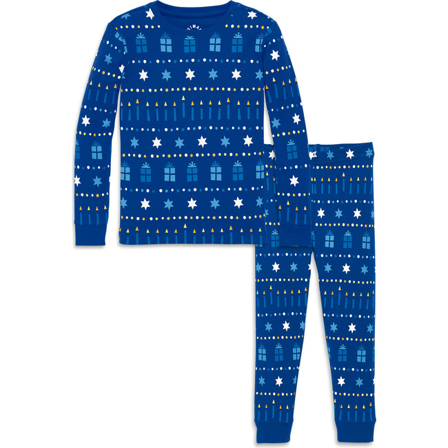 Kids Organic PJ Set in Holiday Prints, Blue Jay Hannukah Fair Isle - Pajamas - 1