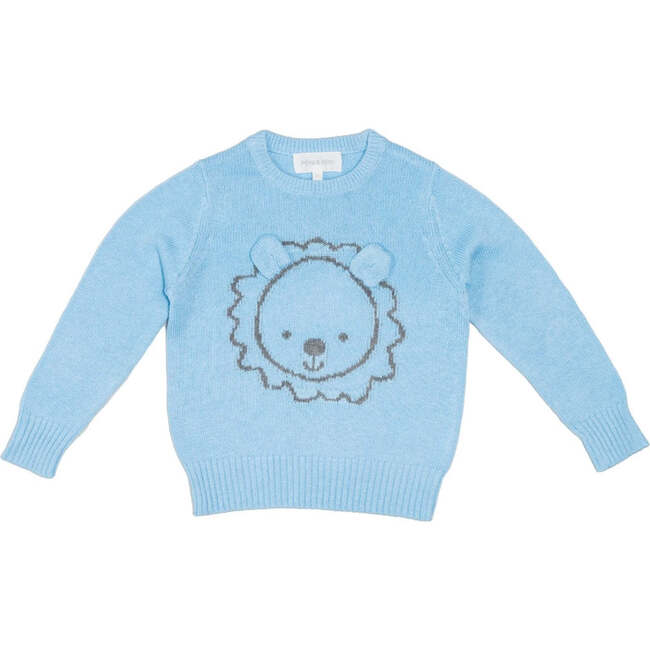 Babys Lion Crew Neck Ribbed Hem Long Sleeve Knit Jumper, Sky - Sweaters - 1