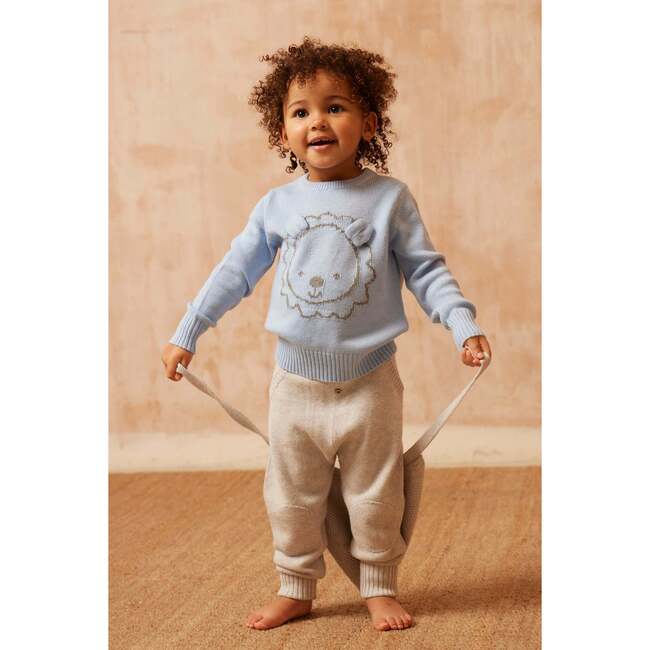 Babys Lion Crew Neck Ribbed Hem Long Sleeve Knit Jumper, Sky - Sweaters - 3