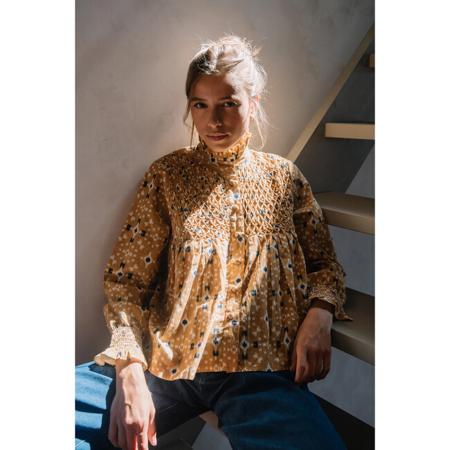 Women's Victoria Shirt, Mustard Ikat print