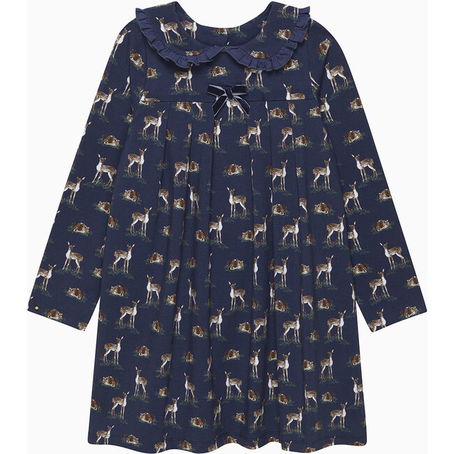 Deer Print Petal Collar Velvet Bow Jersey Dress, Navy