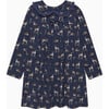 Deer Print Petal Collar Velvet Bow Jersey Dress, Navy - Dresses - 1 - thumbnail