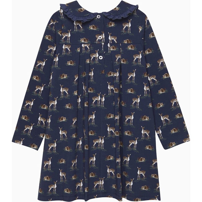 Deer Print Petal Collar Velvet Bow Jersey Dress, Navy - Dresses - 2