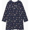 Deer Print Petal Collar Velvet Bow Jersey Dress, Navy - Dresses - 2