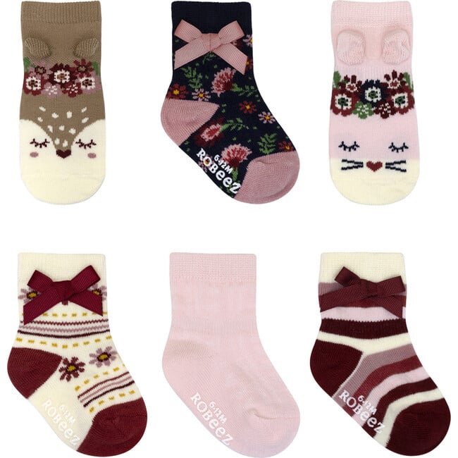 Woodland Friends Girls Crew Sock, Pink (6 Pack)