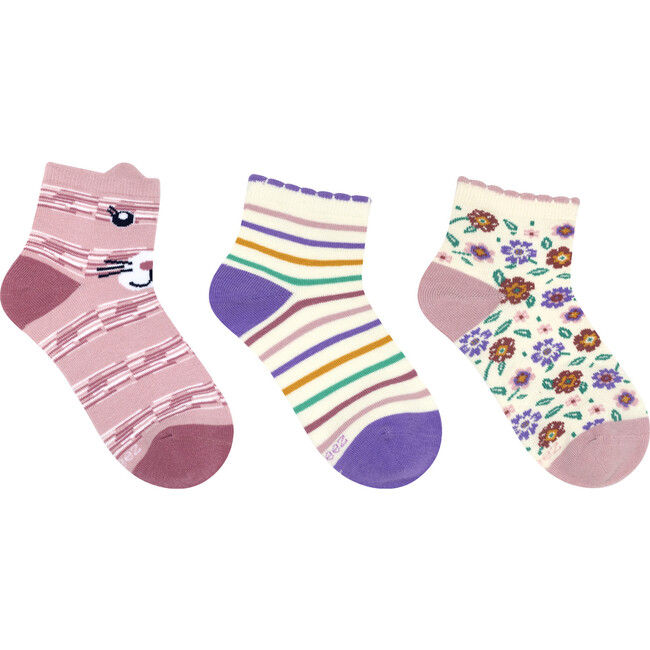 Kitty Flower Quarter Sock, Pink (3 Pack)