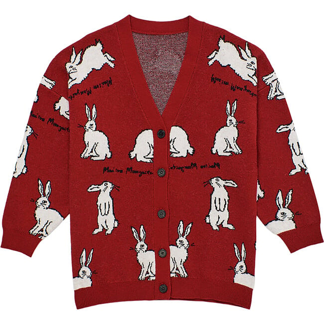 Intarsia Rabbit Knit Cardigan, Red