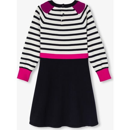 Girl Long Sleeve Dress, White/Navy - Dresses - 2