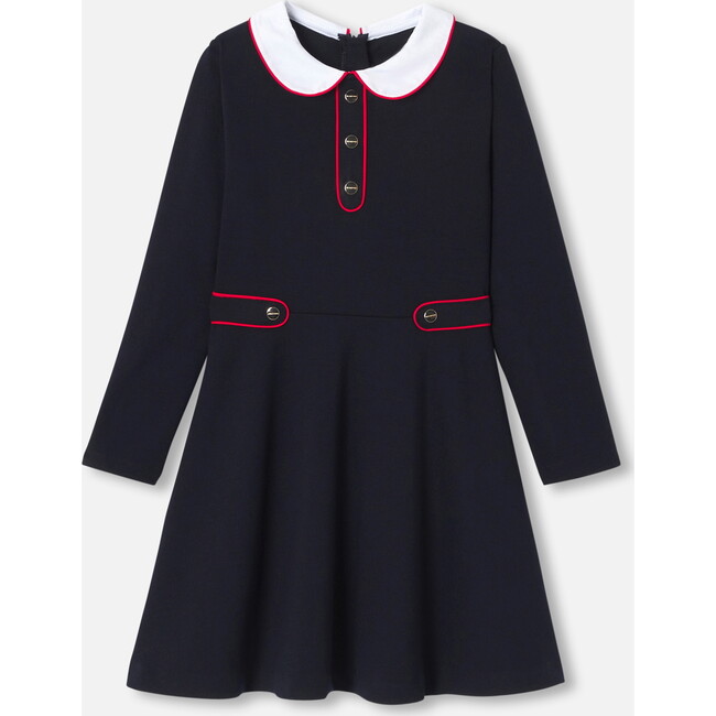 Girl Long Sleeve Dress, Navy - Dresses - 1