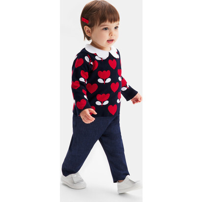 Baby Girl Sweater in Jacquard Knit, Navy/Multicolour - Sweaters - 3