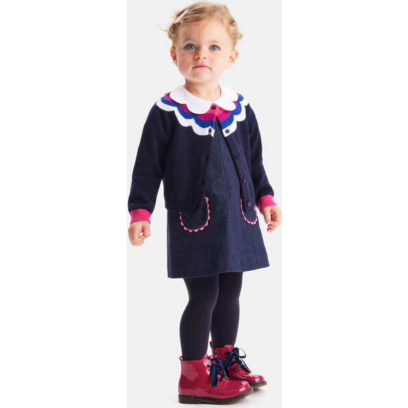 Baby Girl Denim Pinafore Dress, Dark Denim - Dresses - 4