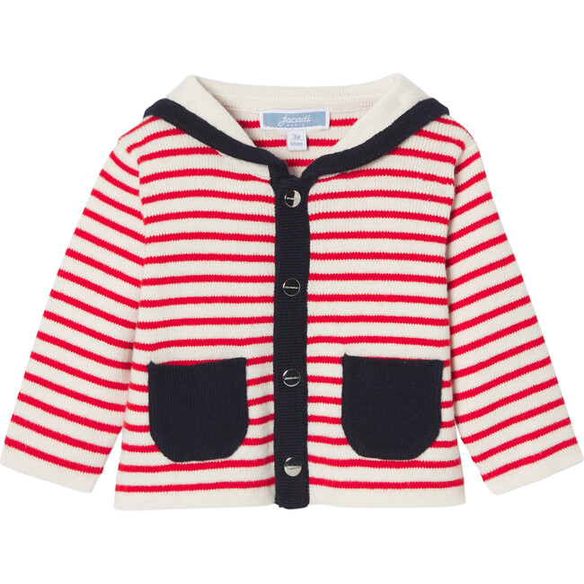 Baby Boy Cardigan with Sailor Collar, White/Red - Cardigans - 1