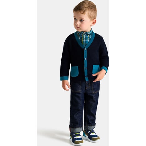 Baby Boy Colorblock Cardigan, Navy - Cardigans - 3