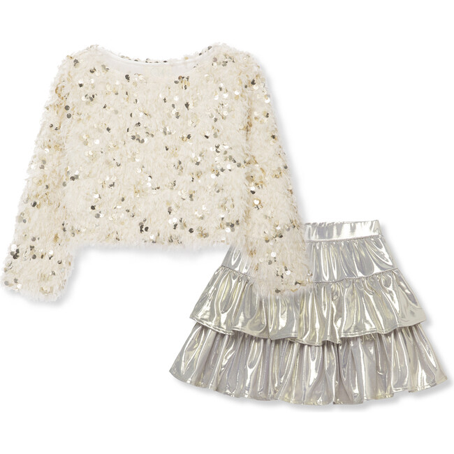 Sequin Sweater & Skirt Set, Silver