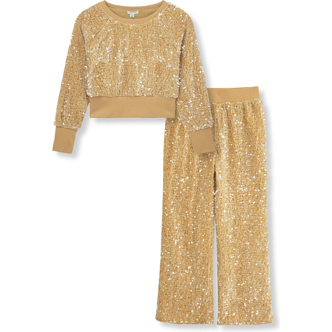 Velour Sequin Pant Set, Tan - Mixed Apparel Set - 1