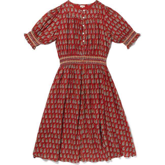 Women's Eleanor 3-Quarter Cuff Sleeve Smocked Lace Waist Dress, Red Block Print